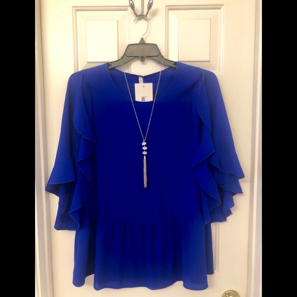 Deep Blue Flutter Sleeve Blouse